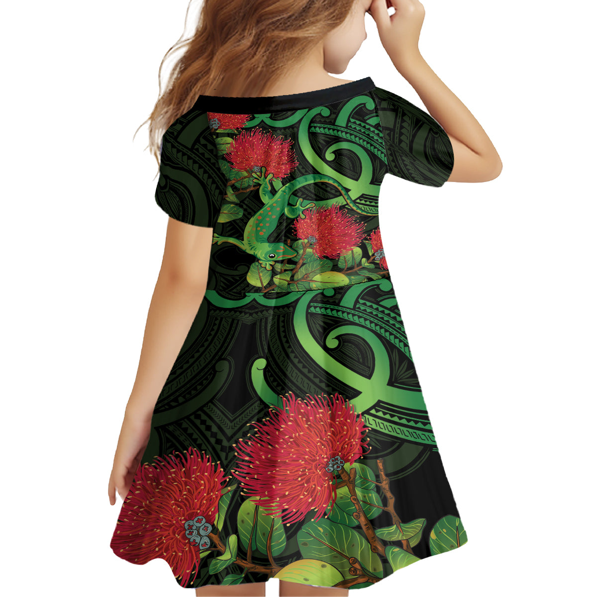 New Zealand Gecko Family Matching Summer Maxi Dress and Hawaiian Shirt Aotearoa Maori With Pohutukawa Flowers LT14 - Polynesian Pride