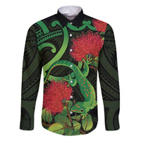 New Zealand Gecko Family Matching Summer Maxi Dress and Hawaiian Shirt Aotearoa Maori With Pohutukawa Flowers LT14 Dad's Shirt - Long Sleeve Black - Polynesian Pride
