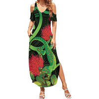 New Zealand Gecko Family Matching Summer Maxi Dress and Hawaiian Shirt Aotearoa Maori With Pohutukawa Flowers LT14 Mom's Dress Black - Polynesian Pride
