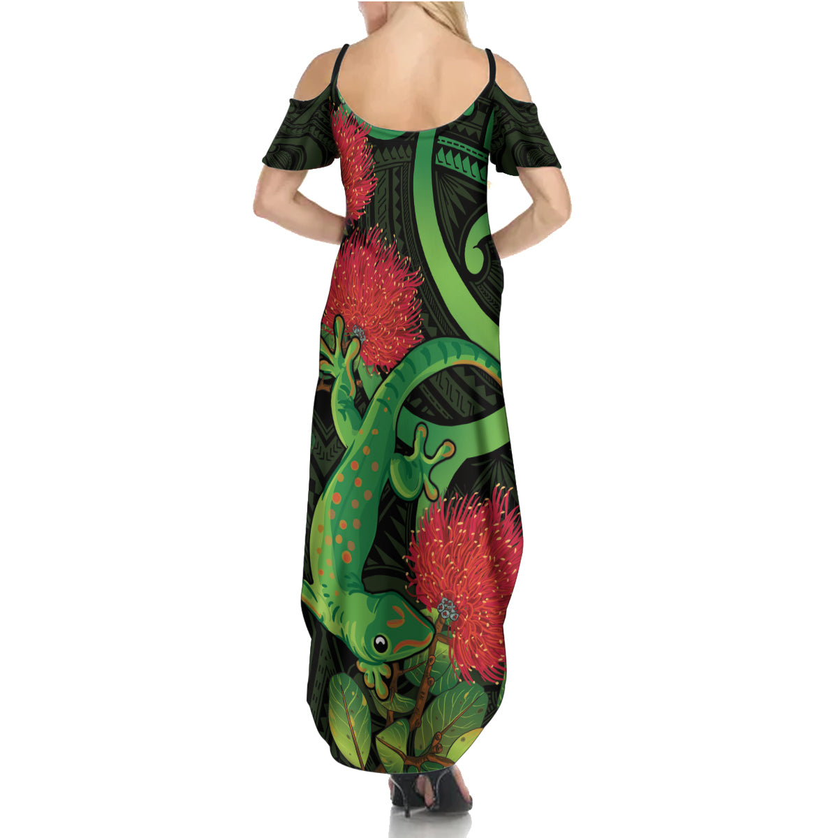 New Zealand Gecko Family Matching Summer Maxi Dress and Hawaiian Shirt Aotearoa Maori With Pohutukawa Flowers LT14 - Polynesian Pride