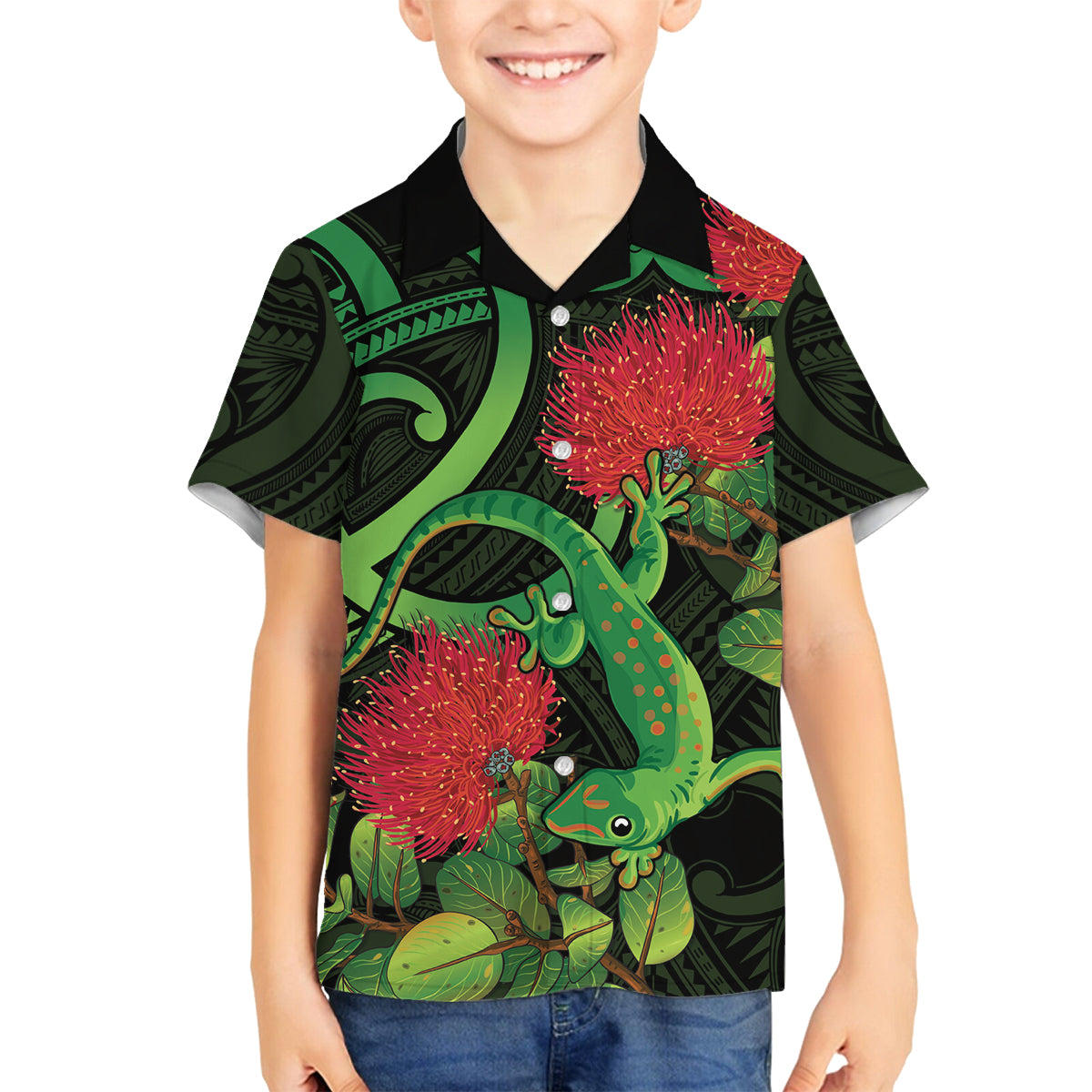 New Zealand Gecko Family Matching Summer Maxi Dress and Hawaiian Shirt Aotearoa Maori With Pohutukawa Flowers LT14 Son's Shirt Black - Polynesian Pride