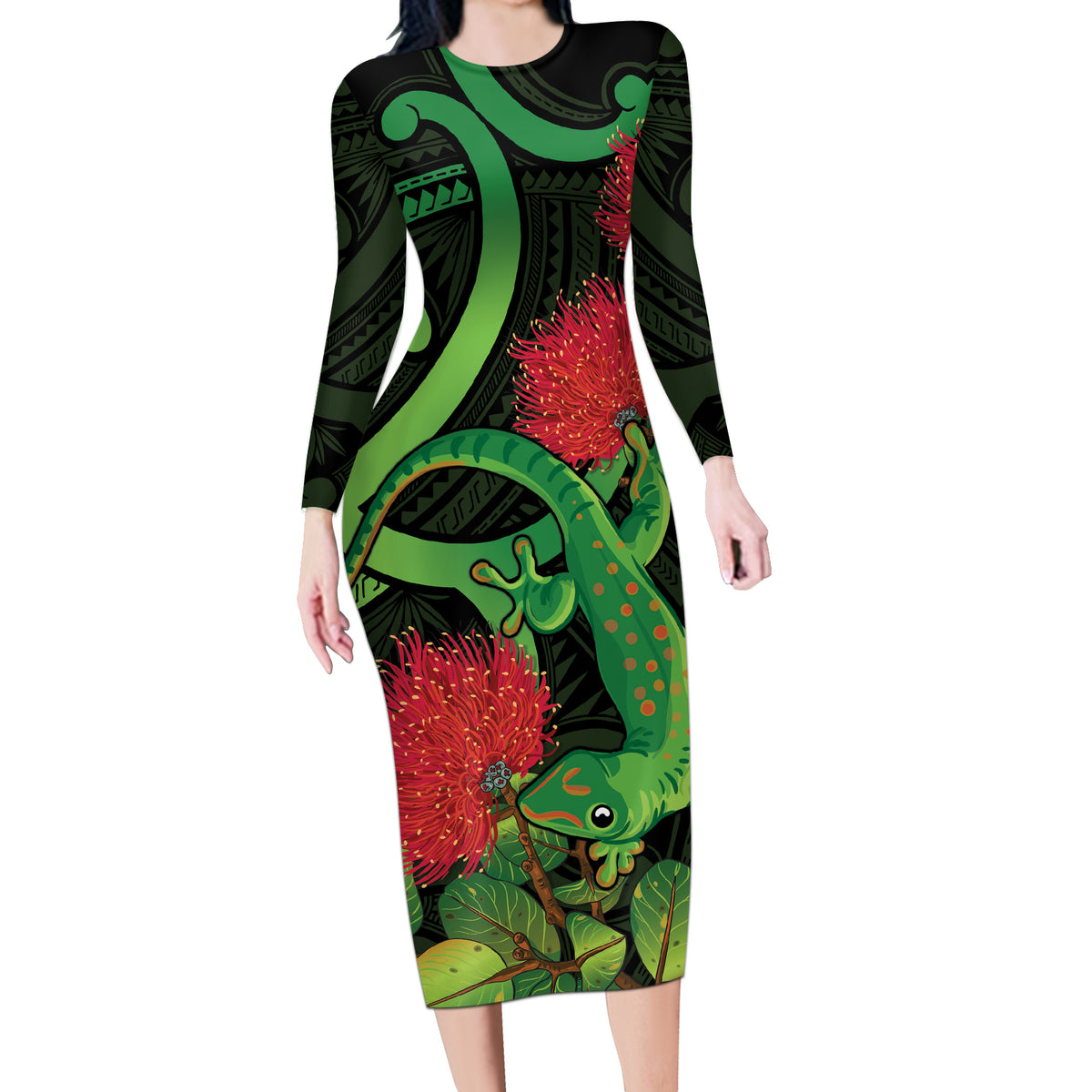 New Zealand Gecko Long Sleeve Bodycon Dress Aotearoa Maori With Pohutukawa Flowers LT14 Long Dress Black - Polynesian Pride