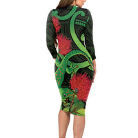 New Zealand Gecko Long Sleeve Bodycon Dress Aotearoa Maori With Pohutukawa Flowers LT14 - Polynesian Pride