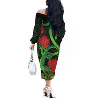 New Zealand Gecko Off The Shoulder Long Sleeve Dress Aotearoa Maori With Pohutukawa Flowers LT14 - Polynesian Pride