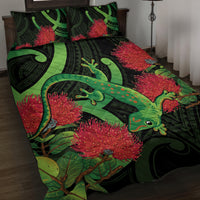 New Zealand Gecko Quilt Bed Set Aotearoa Maori With Pohutukawa Flowers LT14 Black - Polynesian Pride