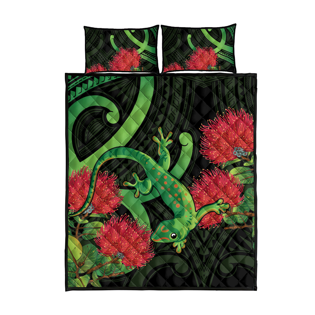New Zealand Gecko Quilt Bed Set Aotearoa Maori With Pohutukawa Flowers LT14 - Polynesian Pride