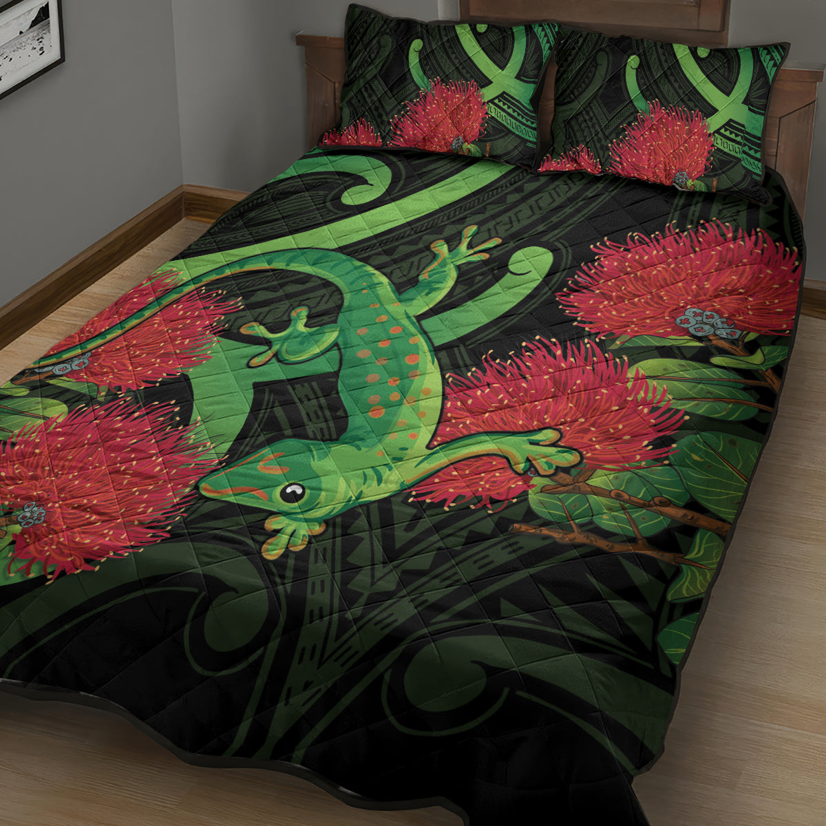 New Zealand Gecko Quilt Bed Set Aotearoa Maori With Pohutukawa Flowers LT14 - Polynesian Pride