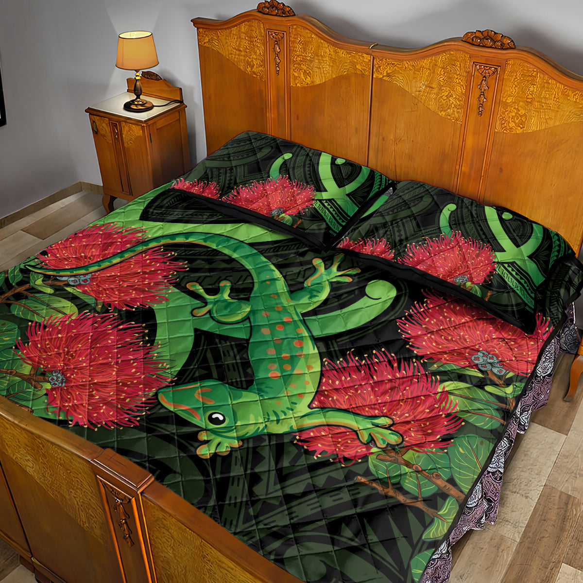 New Zealand Gecko Quilt Bed Set Aotearoa Maori With Pohutukawa Flowers LT14 - Polynesian Pride