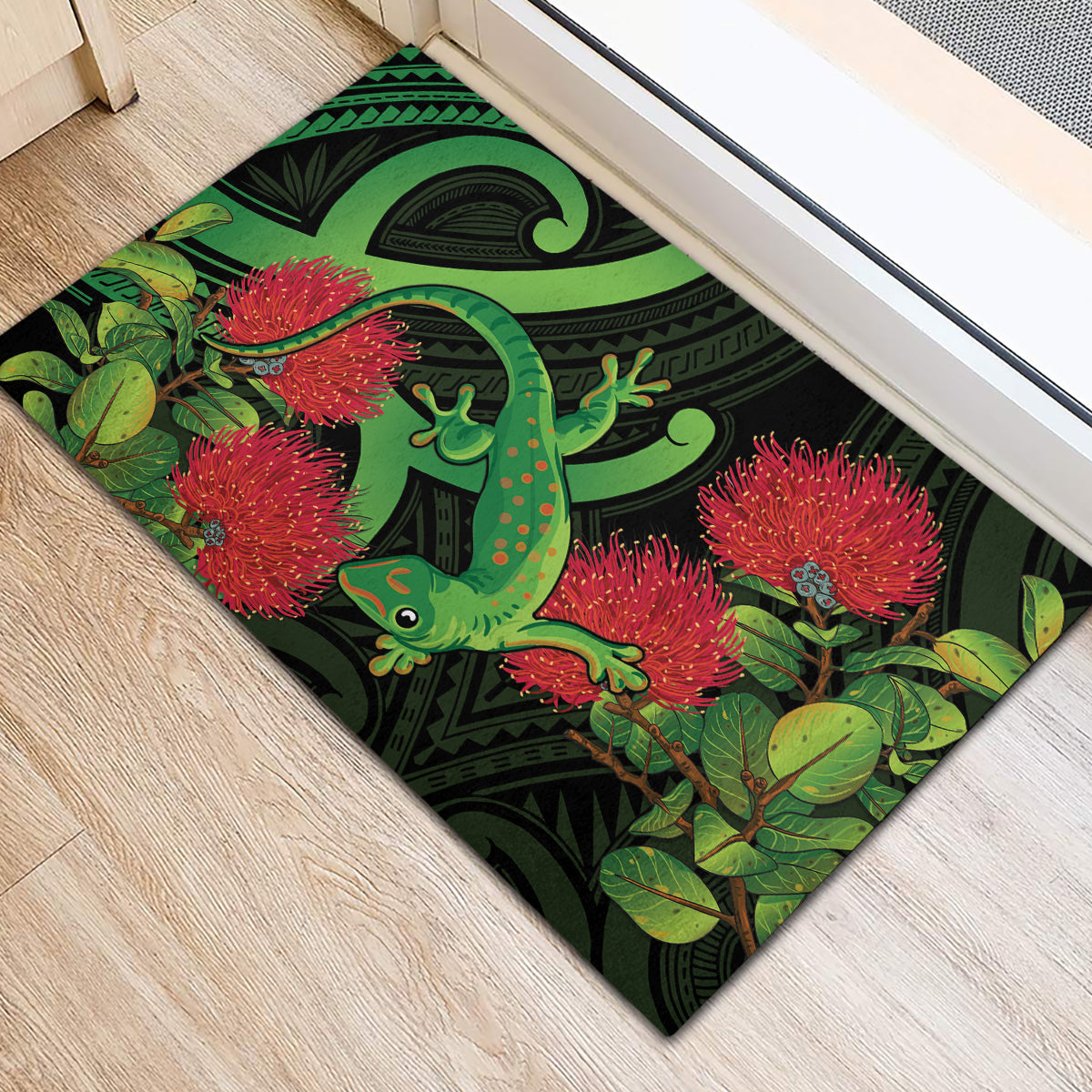 New Zealand Gecko Rubber Doormat Aotearoa Maori With Pohutukawa Flowers