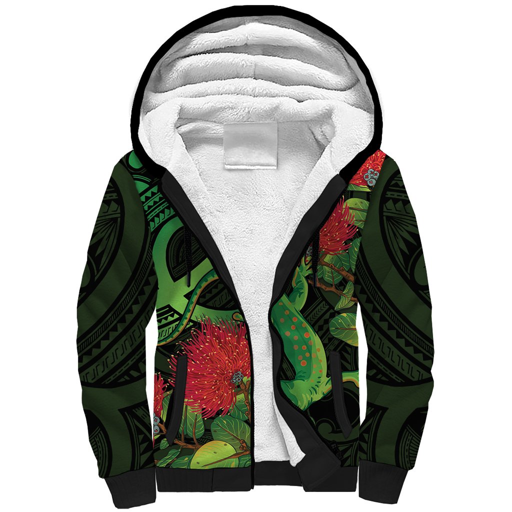 New Zealand Gecko Sherpa Hoodie Aotearoa Maori With Pohutukawa Flowers LT14 Unisex Black - Polynesian Pride