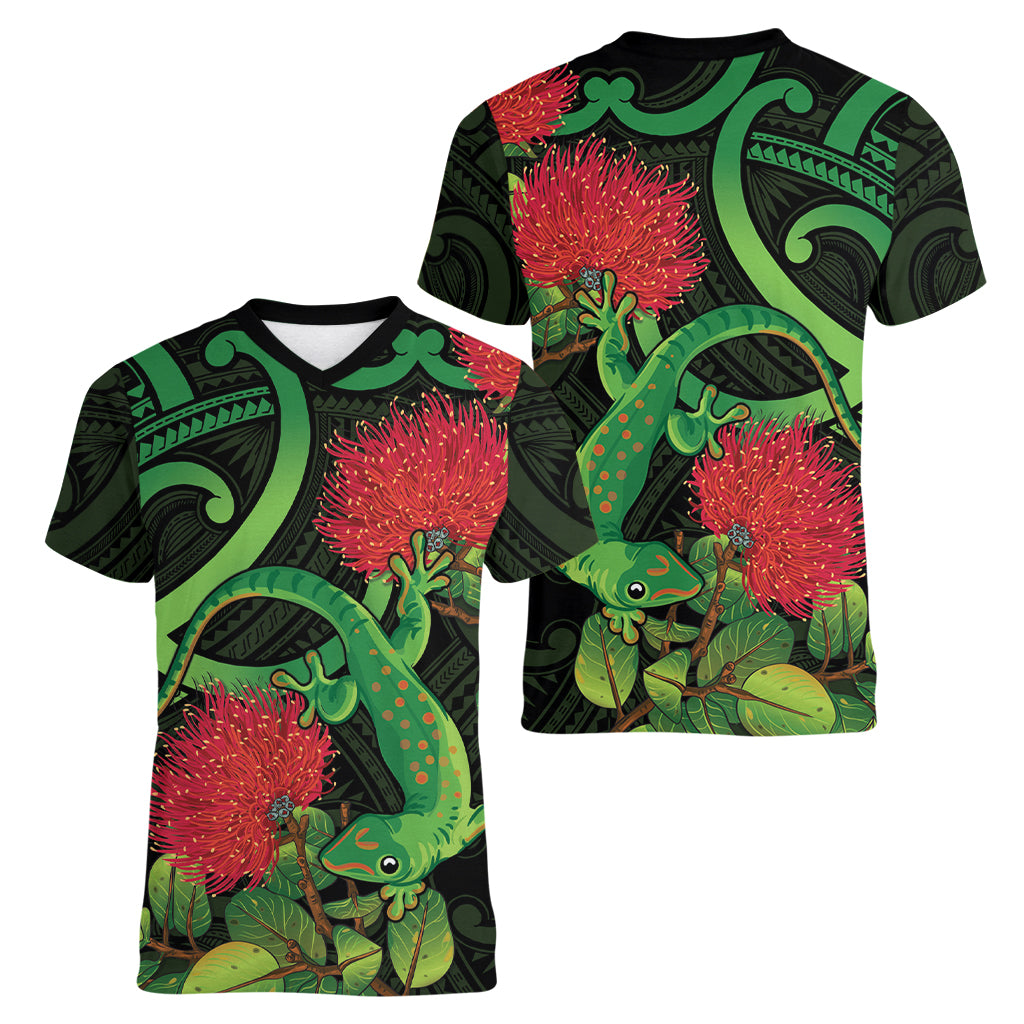 New Zealand Gecko Women V-Neck T-Shirt Aotearoa Maori With Pohutukawa Flowers