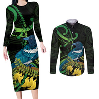 New Zealand Tui Bird Couples Matching Long Sleeve Bodycon Dress and Long Sleeve Button Shirt Aotearoa Maori With Kowhai Flowers LT14 Black - Polynesian Pride