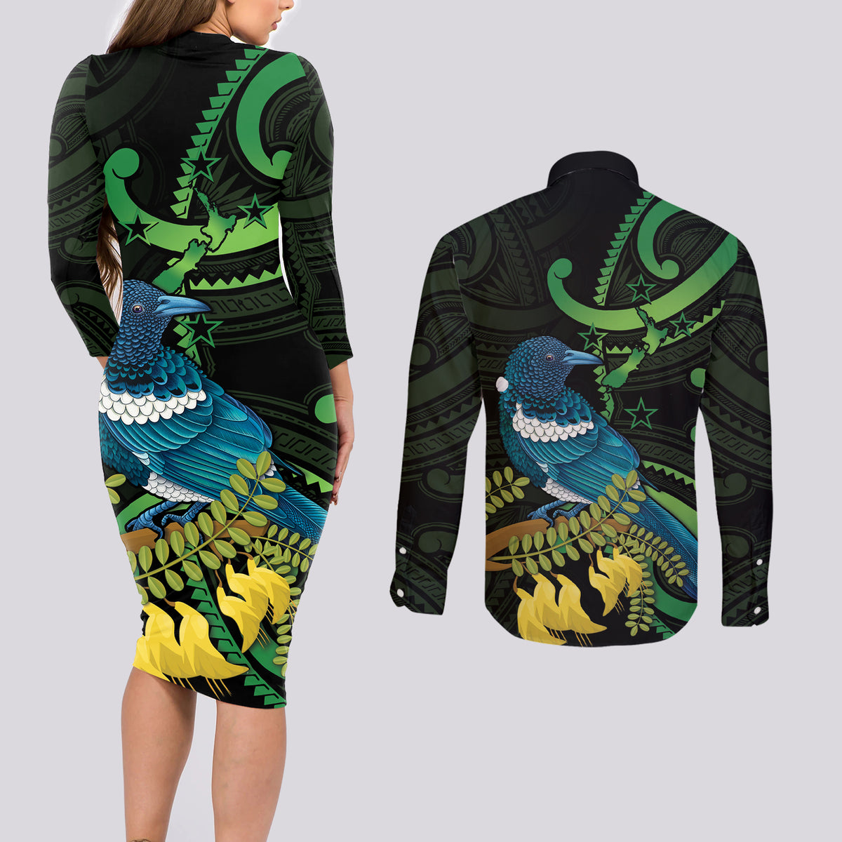 New Zealand Tui Bird Couples Matching Long Sleeve Bodycon Dress and Long Sleeve Button Shirt Aotearoa Maori With Kowhai Flowers LT14 - Polynesian Pride