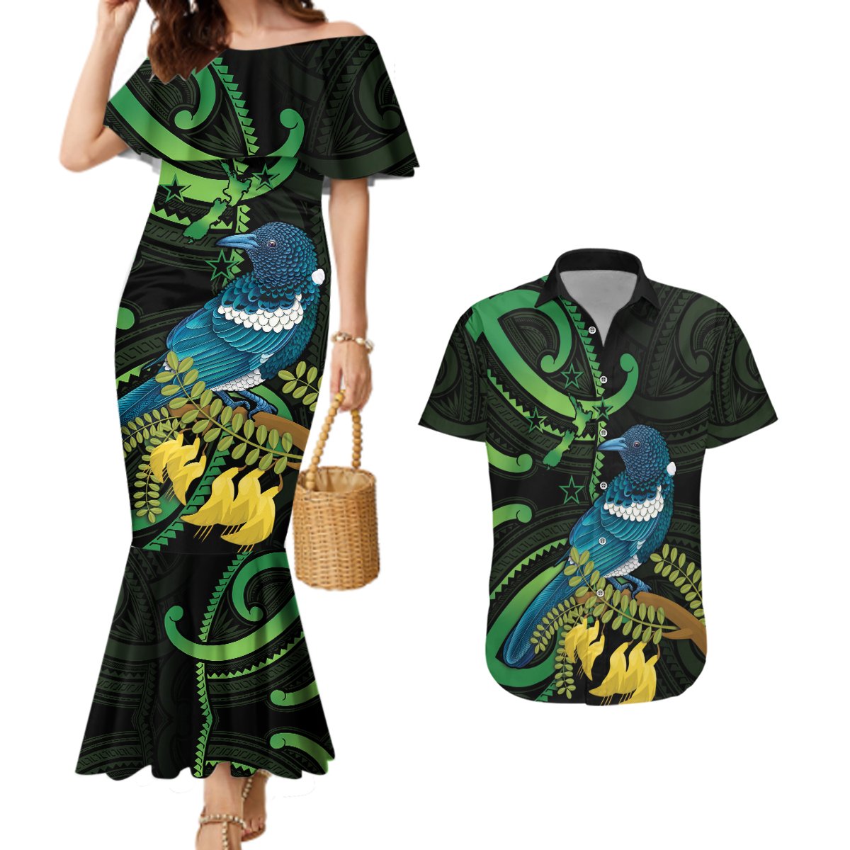 New Zealand Tui Bird Couples Matching Mermaid Dress and Hawaiian Shirt Aotearoa Maori With Kowhai Flowers LT14 Black - Polynesian Pride
