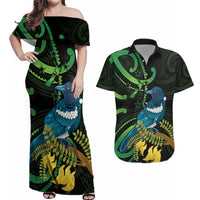New Zealand Tui Bird Couples Matching Off Shoulder Maxi Dress and Hawaiian Shirt Aotearoa Maori With Kowhai Flowers LT14 Black - Polynesian Pride