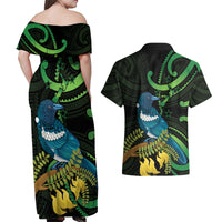 New Zealand Tui Bird Couples Matching Off Shoulder Maxi Dress and Hawaiian Shirt Aotearoa Maori With Kowhai Flowers LT14 - Polynesian Pride