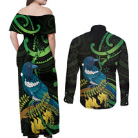 New Zealand Tui Bird Couples Matching Off Shoulder Maxi Dress and Long Sleeve Button Shirt Aotearoa Maori With Kowhai Flowers LT14 - Polynesian Pride