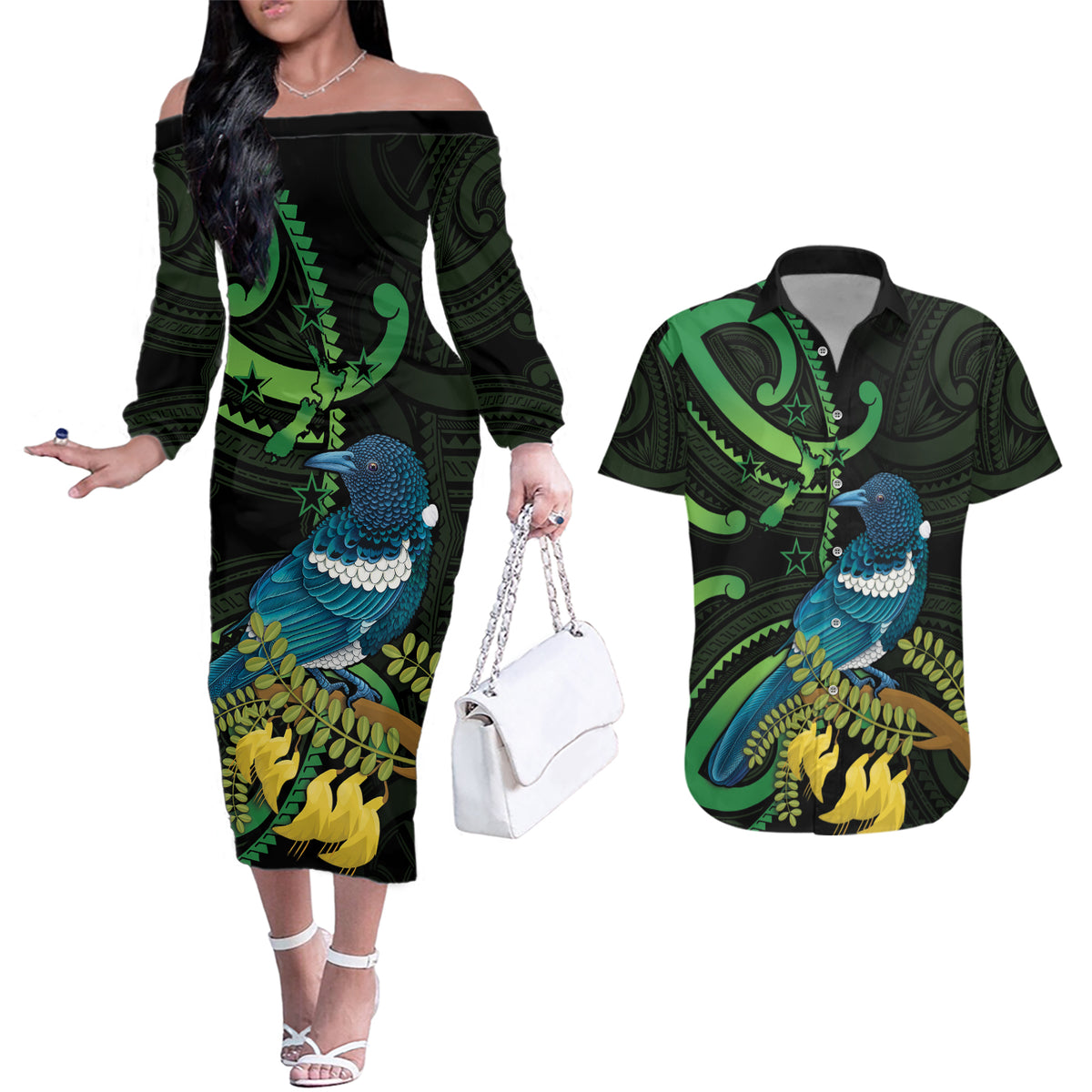 New Zealand Tui Bird Couples Matching Off The Shoulder Long Sleeve Dress and Hawaiian Shirt Aotearoa Maori With Kowhai Flowers LT14 Black - Polynesian Pride
