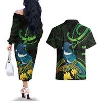 New Zealand Tui Bird Couples Matching Off The Shoulder Long Sleeve Dress and Hawaiian Shirt Aotearoa Maori With Kowhai Flowers LT14 - Polynesian Pride