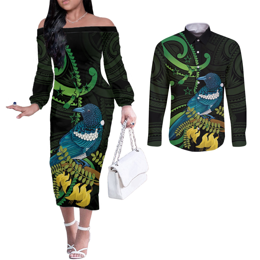 New Zealand Tui Bird Couples Matching Off The Shoulder Long Sleeve Dress and Long Sleeve Button Shirt Aotearoa Maori With Kowhai Flowers LT14 Black - Polynesian Pride