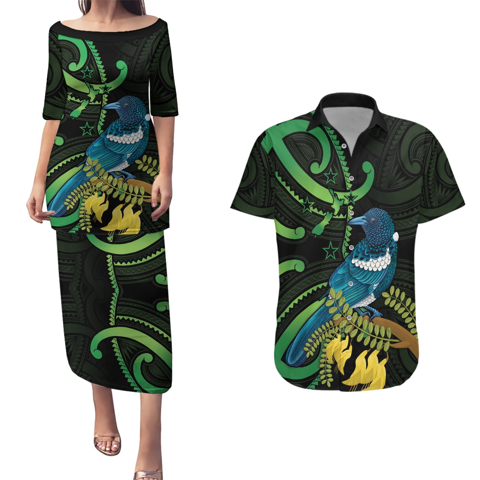 New Zealand Tui Bird Couples Matching Puletasi and Hawaiian Shirt Aotearoa Maori With Kowhai Flowers