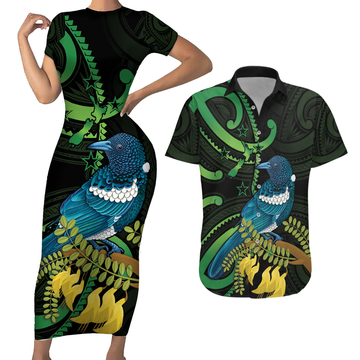 New Zealand Tui Bird Couples Matching Short Sleeve Bodycon Dress and Hawaiian Shirt Aotearoa Maori With Kowhai Flowers LT14 Black - Polynesian Pride