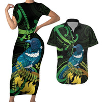 New Zealand Tui Bird Couples Matching Short Sleeve Bodycon Dress and Hawaiian Shirt Aotearoa Maori With Kowhai Flowers LT14 Black - Polynesian Pride