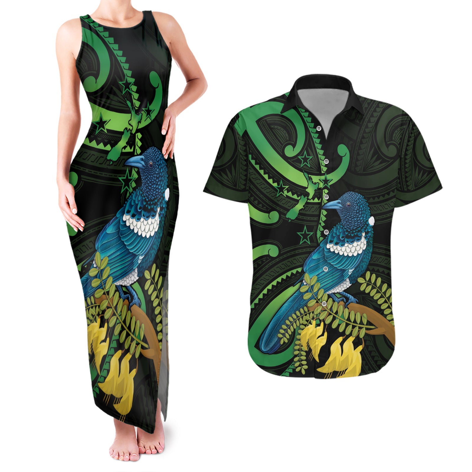 New Zealand Tui Bird Couples Matching Tank Maxi Dress and Hawaiian Shirt Aotearoa Maori With Kowhai Flowers