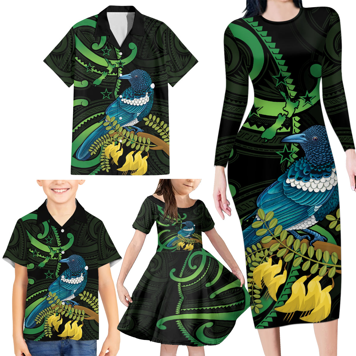New Zealand Tui Bird Family Matching Long Sleeve Bodycon Dress and Hawaiian Shirt Aotearoa Maori With Kowhai Flowers LT14 - Polynesian Pride