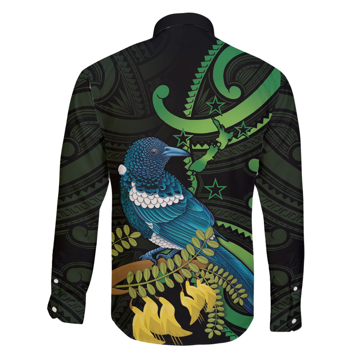 New Zealand Tui Bird Family Matching Long Sleeve Bodycon Dress and Hawaiian Shirt Aotearoa Maori With Kowhai Flowers LT14 - Polynesian Pride
