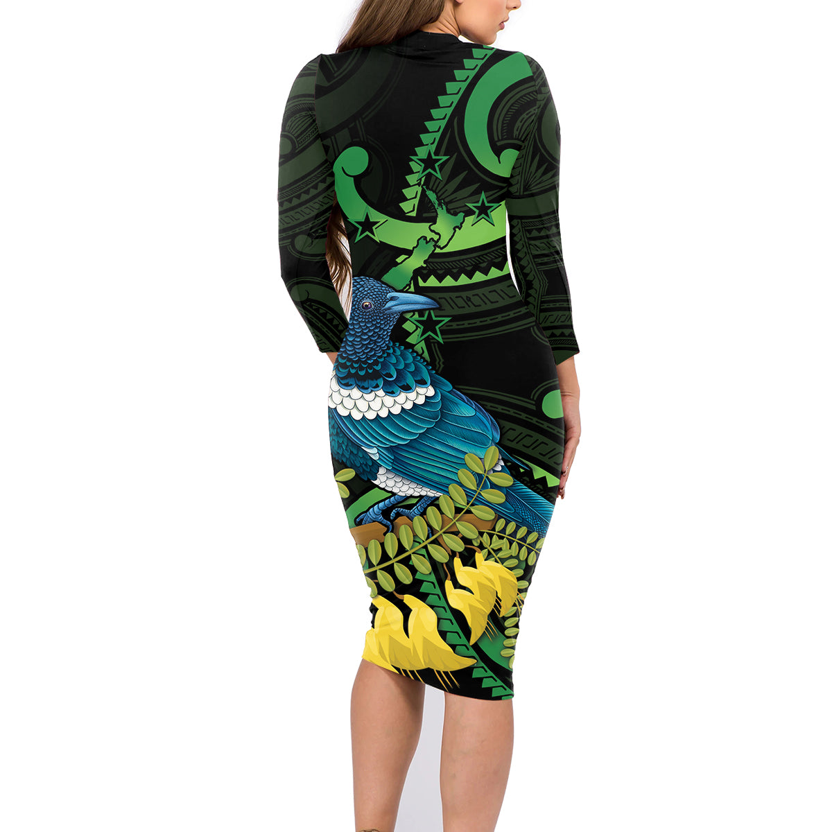 New Zealand Tui Bird Family Matching Long Sleeve Bodycon Dress and Hawaiian Shirt Aotearoa Maori With Kowhai Flowers LT14 - Polynesian Pride