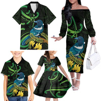 New Zealand Tui Bird Family Matching Off The Shoulder Long Sleeve Dress and Hawaiian Shirt Aotearoa Maori With Kowhai Flowers LT14 - Polynesian Pride