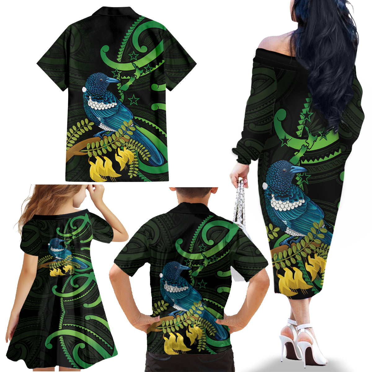 New Zealand Tui Bird Family Matching Off The Shoulder Long Sleeve Dress and Hawaiian Shirt Aotearoa Maori With Kowhai Flowers LT14 - Polynesian Pride