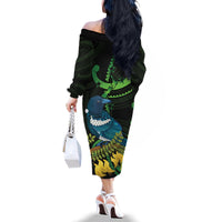 New Zealand Tui Bird Family Matching Off The Shoulder Long Sleeve Dress and Hawaiian Shirt Aotearoa Maori With Kowhai Flowers LT14 - Polynesian Pride