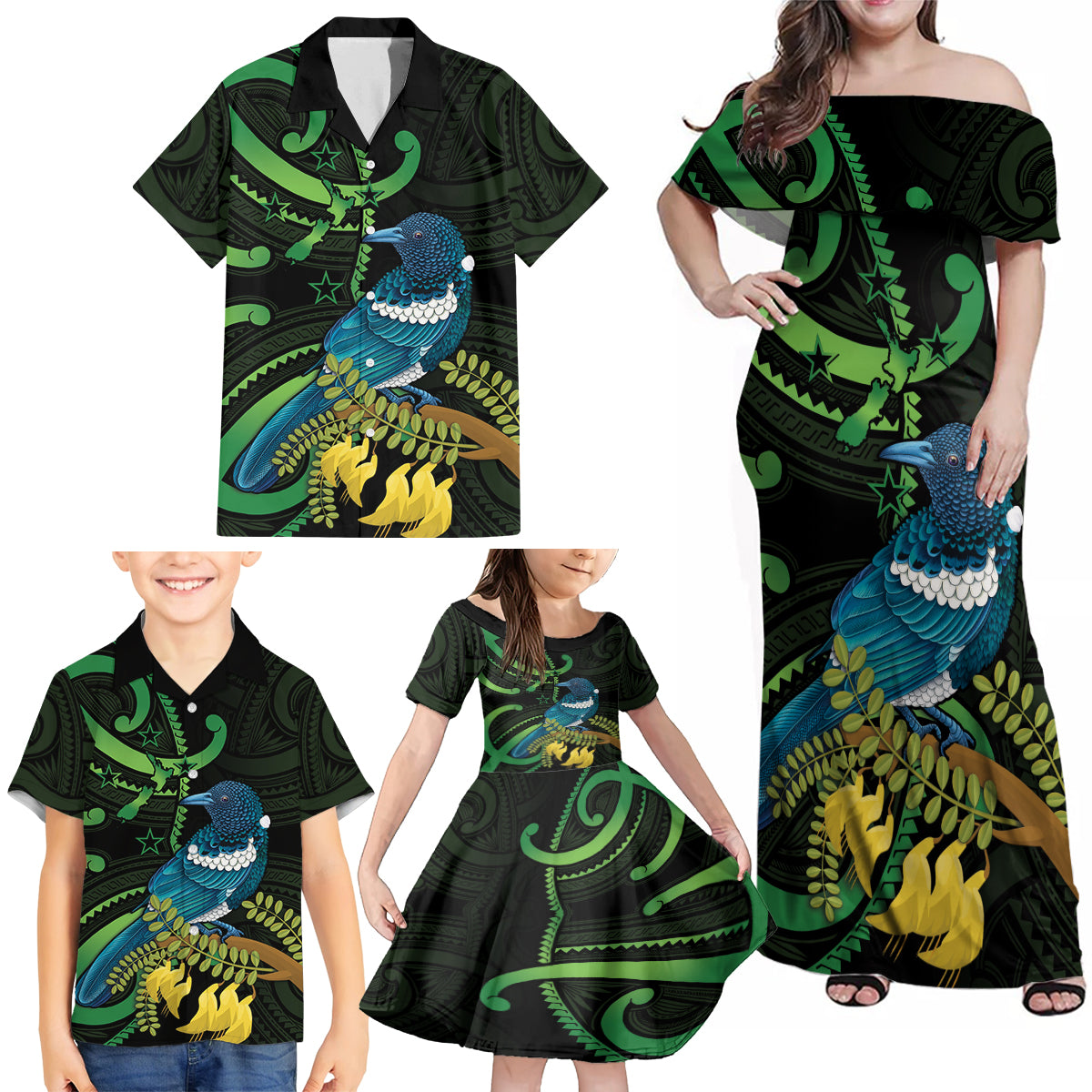 New Zealand Tui Bird Family Matching Off Shoulder Maxi Dress and Hawaiian Shirt Aotearoa Maori With Kowhai Flowers LT14 - Polynesian Pride