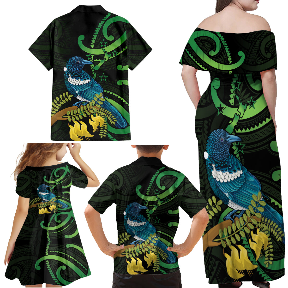 New Zealand Tui Bird Family Matching Off Shoulder Maxi Dress and Hawaiian Shirt Aotearoa Maori With Kowhai Flowers LT14 - Polynesian Pride