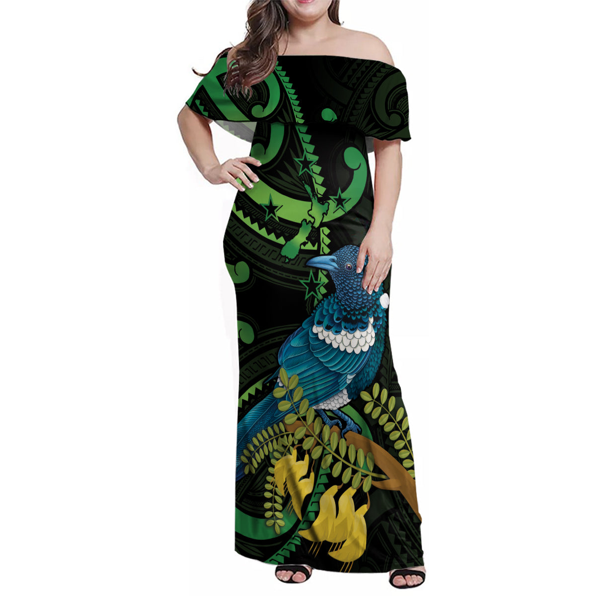 New Zealand Tui Bird Family Matching Off Shoulder Maxi Dress and Hawaiian Shirt Aotearoa Maori With Kowhai Flowers LT14 Mom's Dress Black - Polynesian Pride