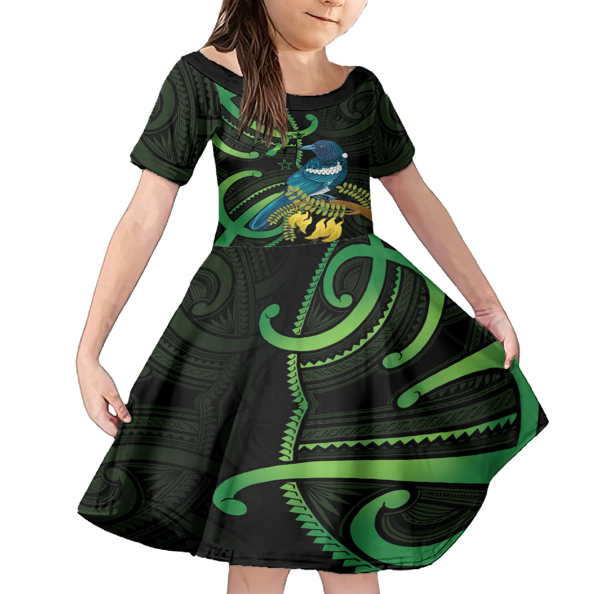 New Zealand Tui Bird Family Matching Off Shoulder Short Dress and Hawaiian Shirt Aotearoa Maori With Kowhai Flowers LT14 Daughter's Dress Black - Polynesian Pride