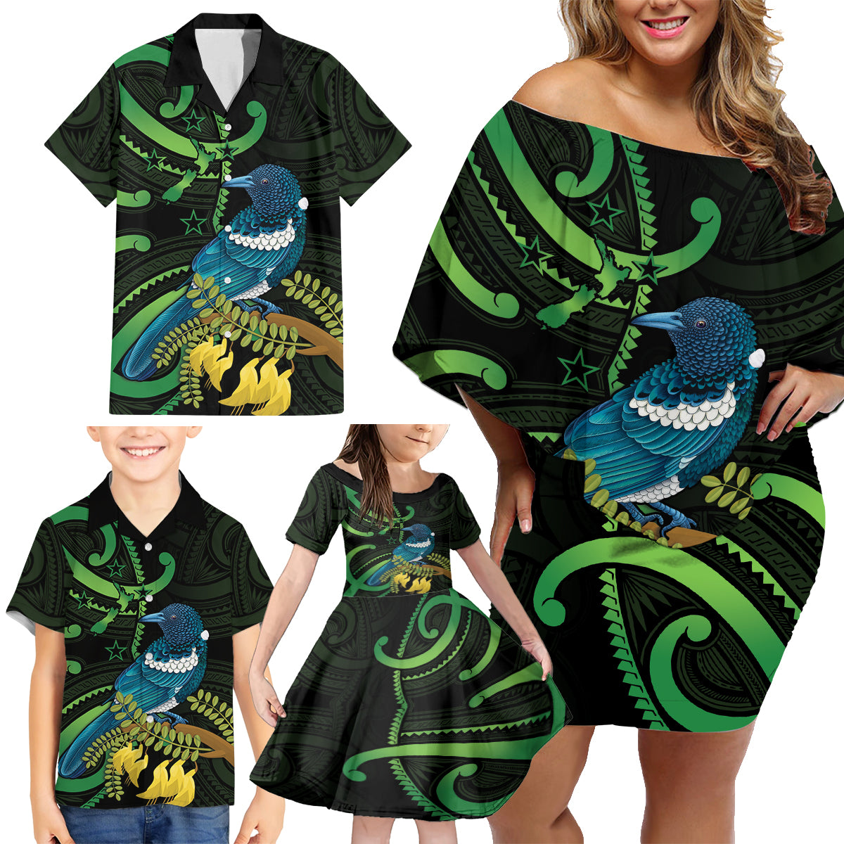 New Zealand Tui Bird Family Matching Off Shoulder Short Dress and Hawaiian Shirt Aotearoa Maori With Kowhai Flowers LT14 - Polynesian Pride