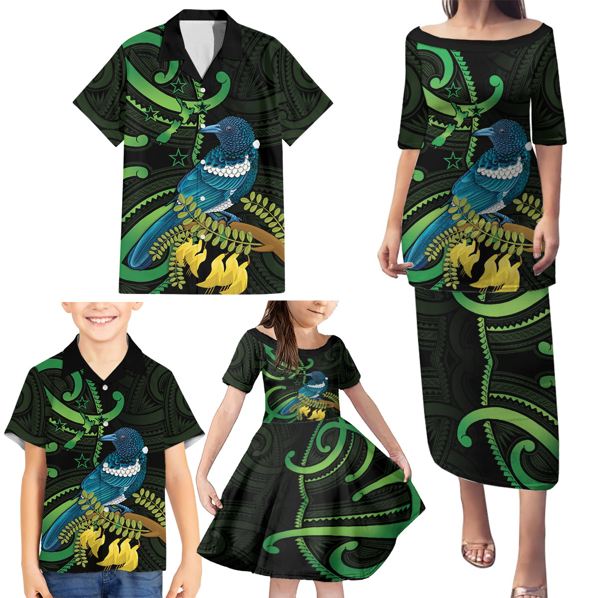 New Zealand Tui Bird Family Matching Puletasi and Hawaiian Shirt Aotearoa Maori With Kowhai Flowers LT14 - Polynesian Pride