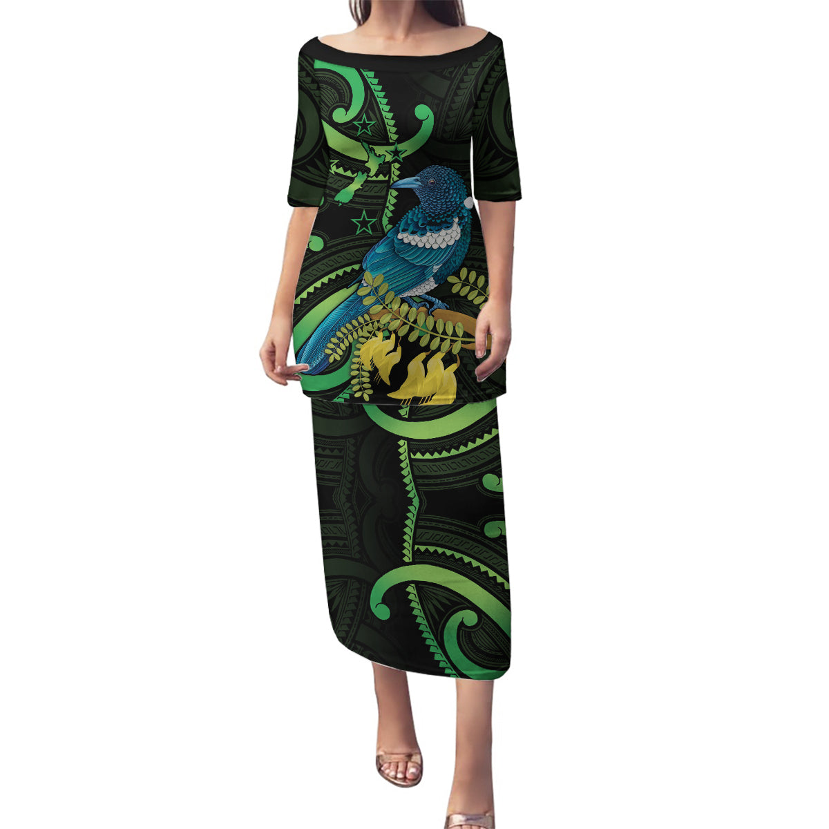 New Zealand Tui Bird Family Matching Puletasi and Hawaiian Shirt Aotearoa Maori With Kowhai Flowers LT14 Mom's Dress Black - Polynesian Pride