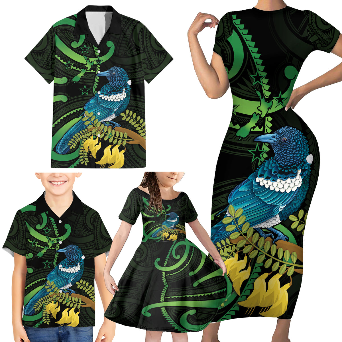 New Zealand Tui Bird Family Matching Short Sleeve Bodycon Dress and Hawaiian Shirt Aotearoa Maori With Kowhai Flowers LT14 - Polynesian Pride