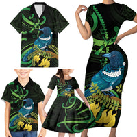 New Zealand Tui Bird Family Matching Short Sleeve Bodycon Dress and Hawaiian Shirt Aotearoa Maori With Kowhai Flowers LT14 - Polynesian Pride