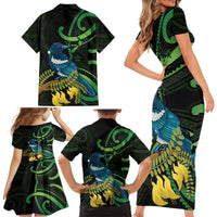 New Zealand Tui Bird Family Matching Short Sleeve Bodycon Dress and Hawaiian Shirt Aotearoa Maori With Kowhai Flowers LT14 - Polynesian Pride