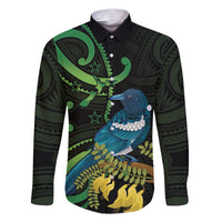 New Zealand Tui Bird Family Matching Short Sleeve Bodycon Dress and Hawaiian Shirt Aotearoa Maori With Kowhai Flowers LT14 Dad's Shirt - Long Sleeve Black - Polynesian Pride