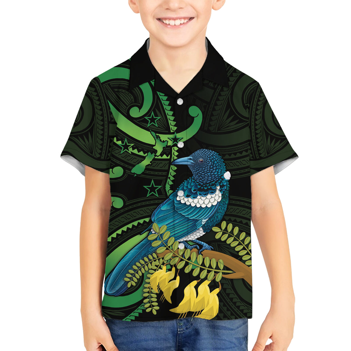 New Zealand Tui Bird Family Matching Summer Maxi Dress and Hawaiian Shirt Aotearoa Maori With Kowhai Flowers LT14 Son's Shirt Black - Polynesian Pride