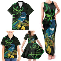 New Zealand Tui Bird Family Matching Tank Maxi Dress and Hawaiian Shirt Aotearoa Maori With Kowhai Flowers LT14 - Polynesian Pride