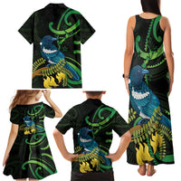 New Zealand Tui Bird Family Matching Tank Maxi Dress and Hawaiian Shirt Aotearoa Maori With Kowhai Flowers LT14 - Polynesian Pride
