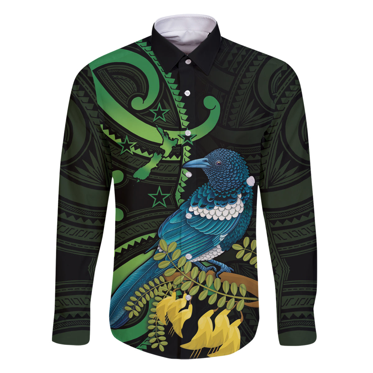 New Zealand Tui Bird Family Matching Tank Maxi Dress and Hawaiian Shirt Aotearoa Maori With Kowhai Flowers LT14 Dad's Shirt - Long Sleeve Black - Polynesian Pride