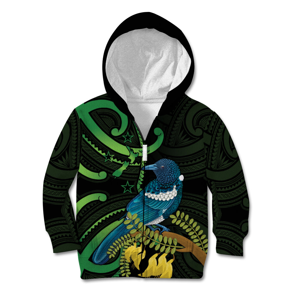 New Zealand Tui Bird Kid Hoodie Aotearoa Maori With Kowhai Flowers LT14 Zip Hoodie Black - Polynesian Pride